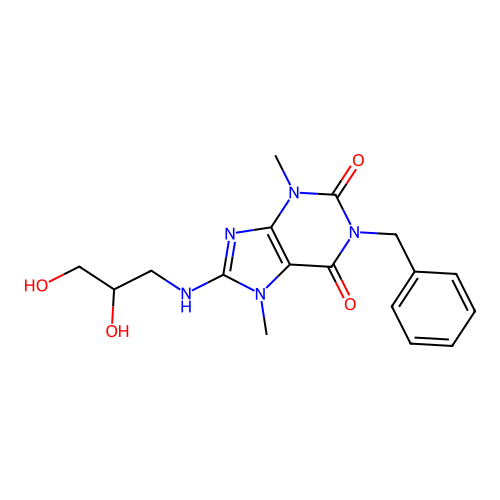 1-benzyl-8-(2,3-dihydroxypropylamino)-3,7-dimethylpurine-2,6-dione structure
