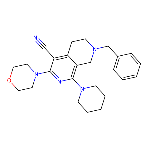 7-benzyl-3-morpholin-4-yl-1-(1-piperidyl)-6,8-dihydro-5H-2,7-naphthyridine-4-carbonitrile structure