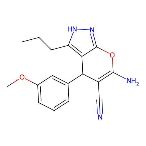 6-amino-4-(3-methoxyphenyl)-3-propyl-1,4-dihydropyrano[2,3-c]pyrazole-5-carbonitrile structure