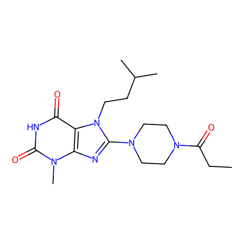7-isopentyl-3-methyl-8-(4-propionylpiperazin-1-yl)-1H-purine-2,6(3H,7H)-dione structure