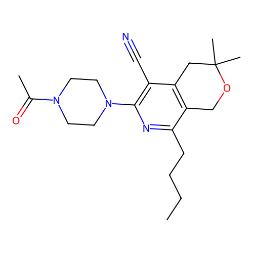 6-(4-acetylpiperazin-1-yl)-8-butyl-3,3-dimethyl-3,4-dihydro-1H-pyrano[3,4-c]pyridine-5-carbonitrile structure