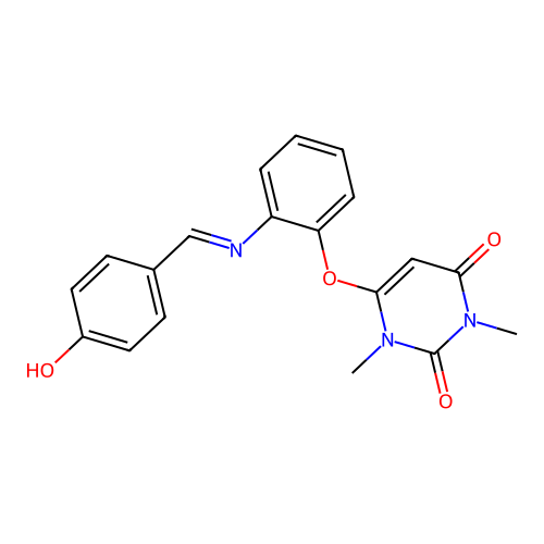 (E)-6-(2-((4-hydroxybenzylidene)amino)phenoxy)-1,3-dimethylpyrimidine-2,4(1H,3H)-dione structure