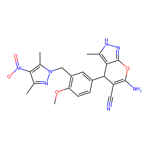 6-amino-4-[3-({4-nitro-3,5-dimethyl-1H-pyrazol-1-yl}methyl)-4-methoxyphenyl]-3-methyl-1,4-dihydropyrano[2,3-c]pyrazole-5-carbonitrile structure