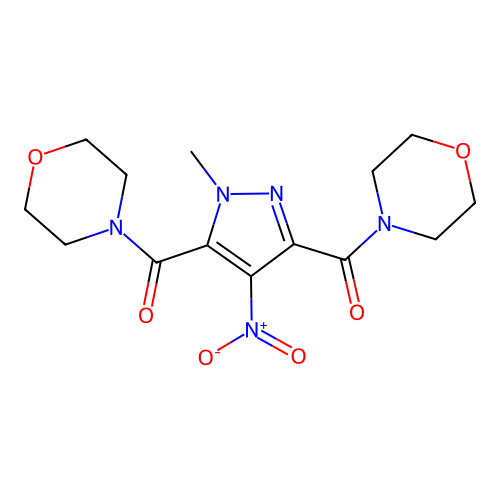 (1-methyl-4-nitro-1H-pyrazole-3,5-diyl)bis(morpholinomethanone) structure
