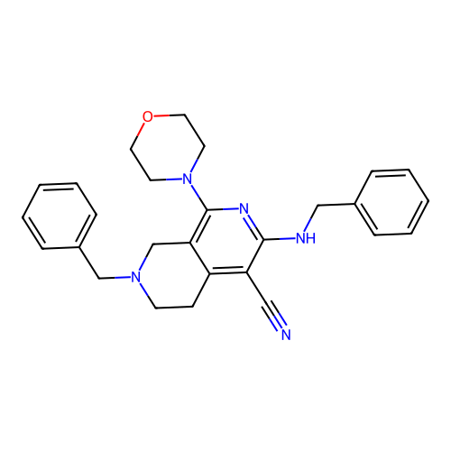 7-benzyl-3-(benzylamino)-1-morpholin-4-yl-6,8-dihydro-5H-2,7-naphthyridine-4-carbonitrile structure