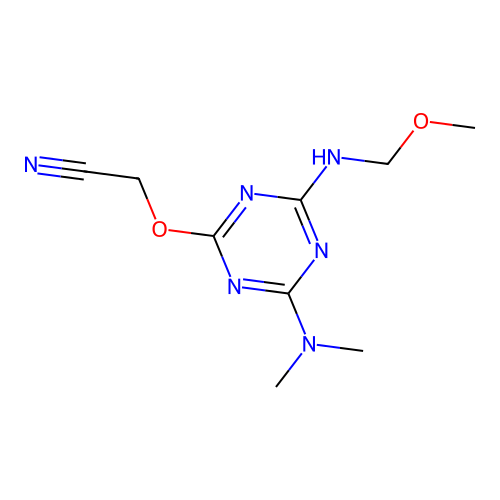 ({4-(Dimethylamino)-6-[(methoxymethyl)amino]-1,3,5-triazin-2-yl}oxy)acetonitrile structure