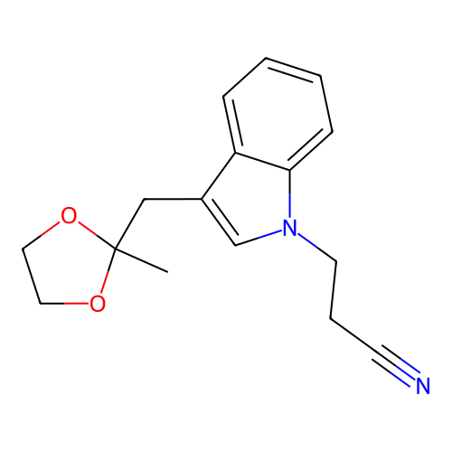 3-(3-((2-methyl-1,3-dioxolan-2-yl)methyl)-1H-indol-1-yl)propanenitrile structure