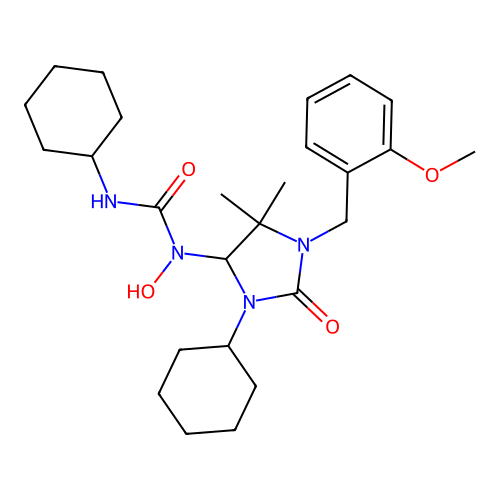 3-cyclohexyl-1-(3-cyclohexyl-1-(2-methoxybenzyl)-5,5-dimethyl-2-oxoimidazolidin-4-yl)-1-hydroxyurea structure
