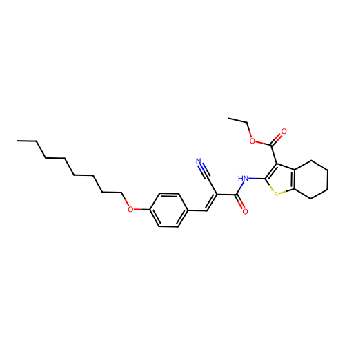 (E)-ethyl 2-(2-cyano-3-(4-(octyloxy)phenyl)acrylamido)-4,5,6,7-tetrahydrobenzo[b]thiophene-3-carboxylate structure