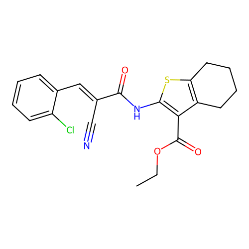 ethyl 2-[3-(2-chlorophenyl)-2-cyanoprop-2-enamido]-4,5,6,7-tetrahydro-1-benzothiophene-3-carboxylate structure