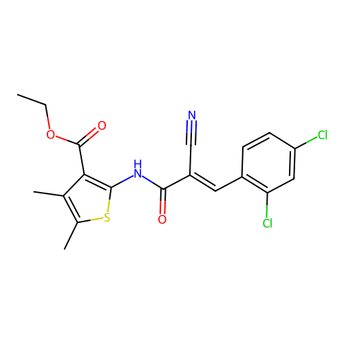 (E)-ethyl 2-(2-cyano-3-(2,4-dichlorophenyl)acrylamido)-4,5-dimethylthiophene-3-carboxylate structure