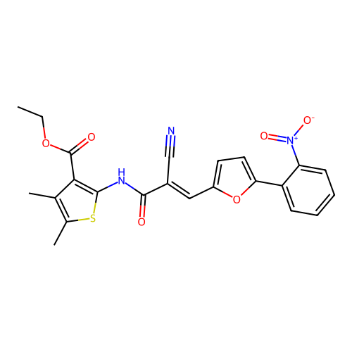 (E)-ethyl 2-(2-cyano-3-(5-(2-nitrophenyl)furan-2-yl)acrylamido)-4,5-dimethylthiophene-3-carboxylate structure