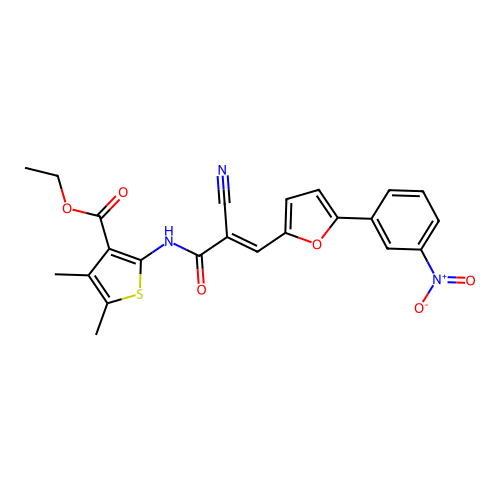 ethyl 2-[(2Z)-2-cyano-3-[5-(3-nitrophenyl)furan-2-yl]prop-2-enamido]-4,5-dimethylthiophene-3-carboxylate structure