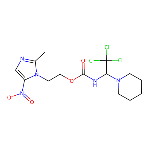 [2-(2-methyl-5-nitroimidazolyl)ethoxy]-N-(2,2,2-trichloro-1-piperidylethyl)car boxamide structure