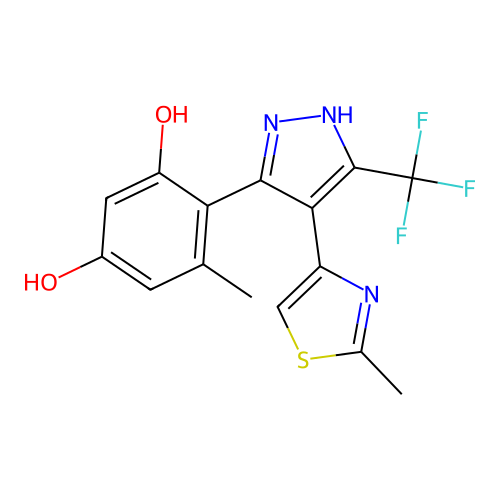 (4E)-3-hydroxy-5-methyl-4-[4-(2-methyl-1,3-thiazol-4-yl)-5-(trifluoromethyl)-1,2-dihydropyrazol-3-ylidene]cyclohexa-2,5-dien-1-one structure