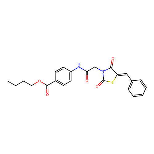 (Z)-butyl 4-(2-(5-benzylidene-2,4-dioxothiazolidin-3-yl)acetamido)benzoate structure