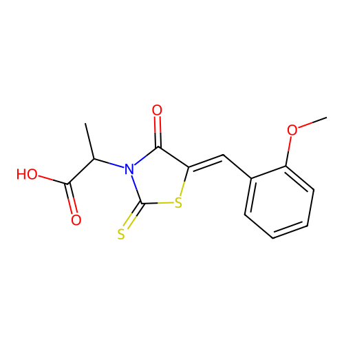 (Z)-2-(5-(2-methoxybenzylidene)-4-oxo-2-thioxothiazolidin-3-yl)propanoic acid structure