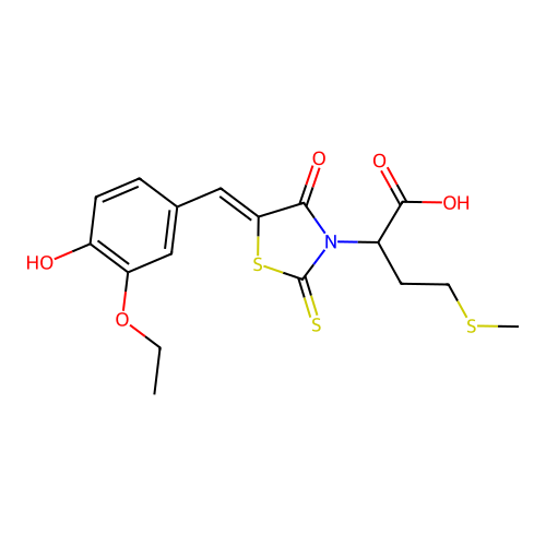 (Z)-2-(5-(3-ethoxy-4-hydroxybenzylidene)-4-oxo-2-thioxothiazolidin-3-yl)-4-(methylthio)butanoic acid structure