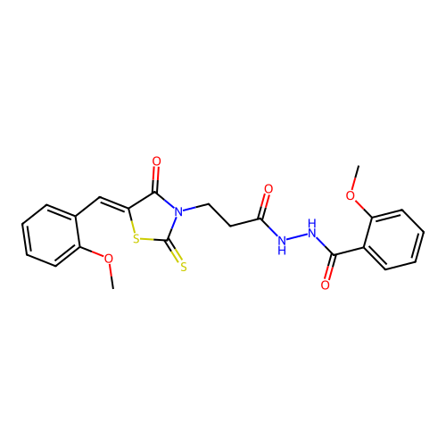 2-Methoxy-benzoic acid N'-{3-[5-(2-methoxy-benzylidene)-4-oxo-2-thioxo-thiazolid structure