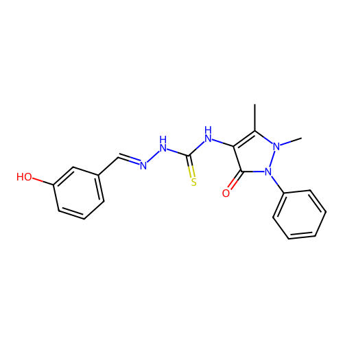 1-(1,5-dimethyl-3-oxo-2-phenylpyrazol-4-yl)-3-[(E)-(3-hydroxyphenyl)methylideneamino]thiourea structure