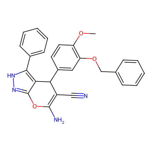 6-amino-4-[3-(benzyloxy)-4-methoxyphenyl]-3-phenyl-1,4-dihydropyrano[2,3-c]pyrazole-5-carbonitrile structure