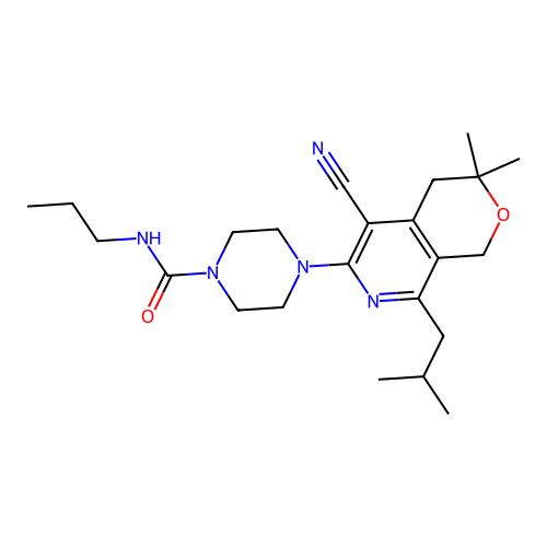 4-(5-cyano-8-isobutyl-3,3-dimethyl-3,4-dihydro-1H-pyrano[3,4-c]pyridin-6-yl)-N-propylpiperazine-1-carboxamide structure