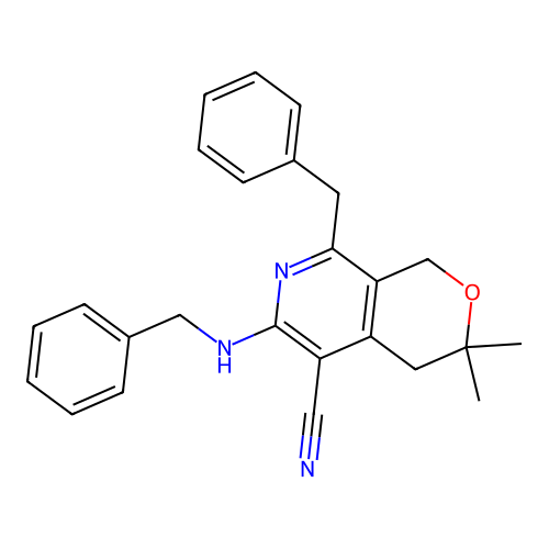8-benzyl-6-(benzylamino)-3,3-dimethyl-3,4-dihydro-1H-pyrano[3,4-c]pyridine-5-carbonitrile structure