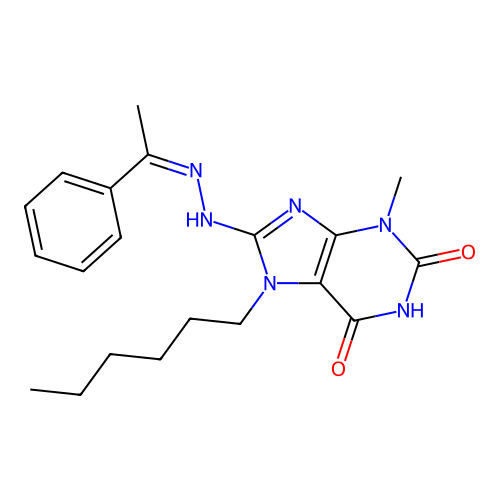 7-hexyl-3-methyl-8-[(2Z)-2-(1-phenylethylidene)hydrazinyl]purine-2,6-dione structure