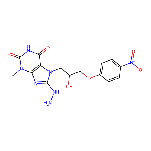 8-hydrazinyl-7-(2-hydroxy-3-(4-nitrophenoxy)propyl)-3-methyl-1H-purine-2,6(3H,7H)-dione structure