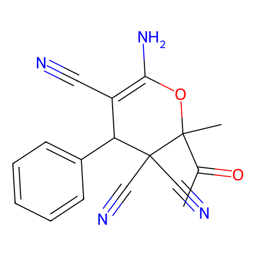 2-acetyl-6-amino-2-methyl-4-phenyl-2H-pyran-3,3,5(4H)-tricarbonitrile structure
