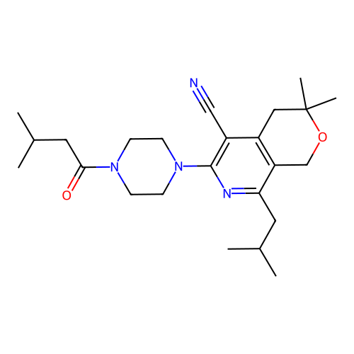 3,3-dimethyl-6-[4-(3-methylbutanoyl)piperazin-1-yl]-8-(2-methylpropyl)-1,4-dihydropyrano[3,4-c]pyridine-5-carbonitrile structure