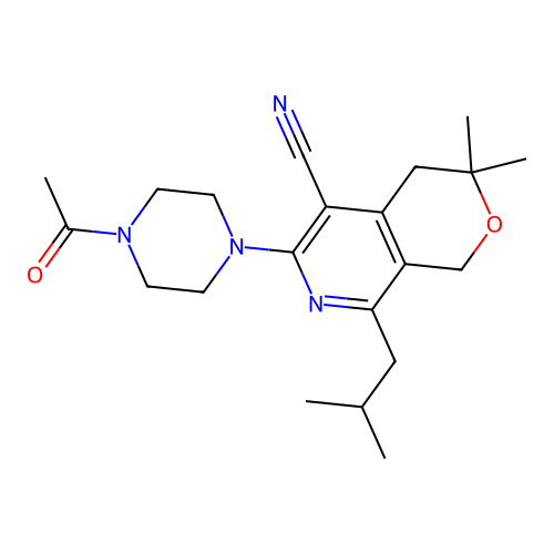 6-(4-acetylpiperazin-1-yl)-3,3-dimethyl-8-(2-methylpropyl)-1,4-dihydropyrano[3,4-c]pyridine-5-carbonitrile structure