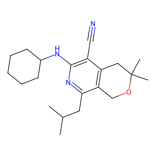 6-(cyclohexylamino)-3,3-dimethyl-8-(2-methylpropyl)-3,4-dihydro-1H-pyrano[3,4-c]pyridine-5-carbonitrile structure