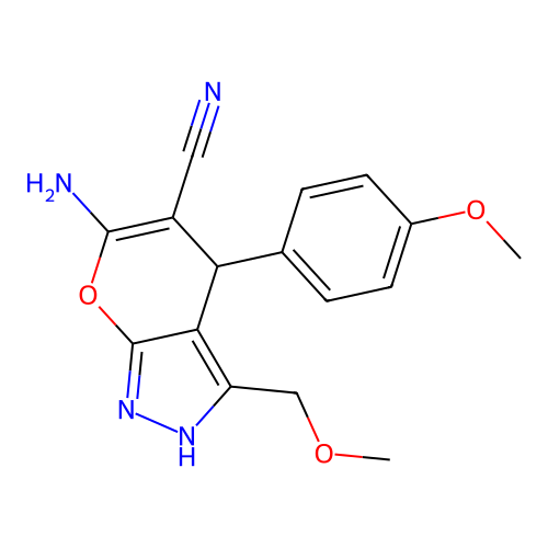 6-amino-3-(methoxymethyl)-4-(4-methoxyphenyl)-2,4-dihydropyrano[2,3-c]pyrazole-5-carbonitrile structure