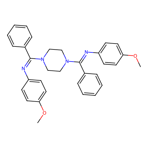 N,N'-{piperazine-1,4-diylbis[(E)-phenylmethylylidene]}bis(4-methoxyaniline) structure