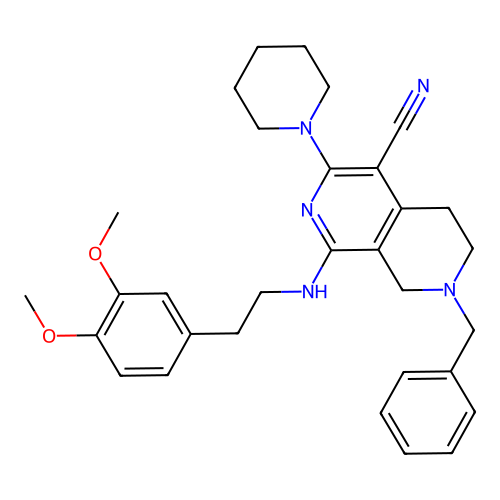 7-benzyl-1-((3,4-dimethoxyphenethyl)amino)-3-(piperidin-1-yl)-5,6,7,8-tetrahydro-2,7-naphthyridine-4-carbonitrile structure