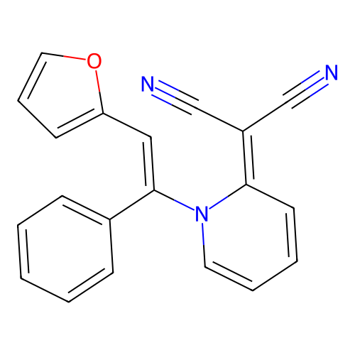 {1-[(E)-2-(furan-2-yl)-1-phenylethenyl]pyridin-2(1H)-ylidene}propanedinitrile structure