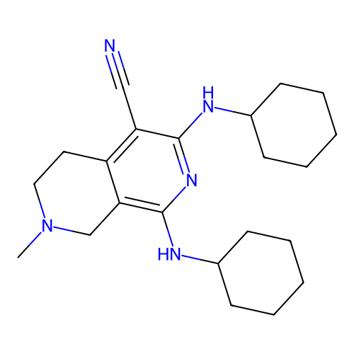 1,3-bis(cyclohexylamino)-7-methyl-6,8-dihydro-5H-2,7-naphthyridine-4-carbonitrile structure