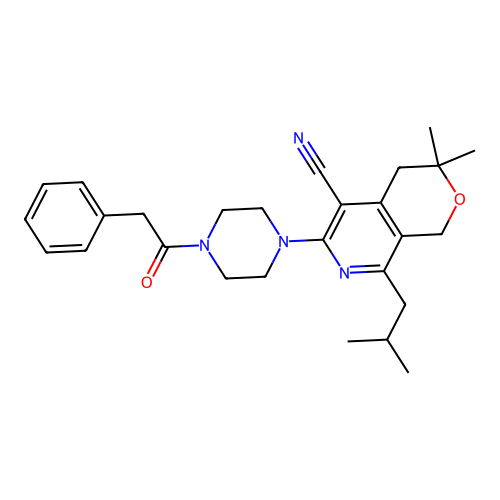 3,3-dimethyl-8-(2-methylpropyl)-6-[4-(2-phenylacetyl)piperazin-1-yl]-1,4-dihydropyrano[3,4-c]pyridine-5-carbonitrile structure