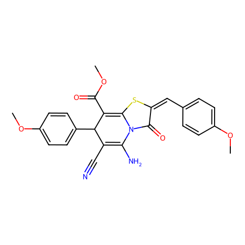 (E)-methyl 5-amino-6-cyano-2-(4-methoxybenzylidene)-7-(4-methoxyphenyl)-3-oxo-3,7-dihydro-2H-thiazolo[3,2-a]pyridine-8-carboxylate structure