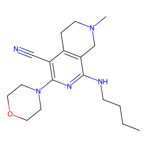 1-(butylamino)-7-methyl-3-morpholin-4-yl-6,8-dihydro-5H-2,7-naphthyridine-4-carbonitrile structure