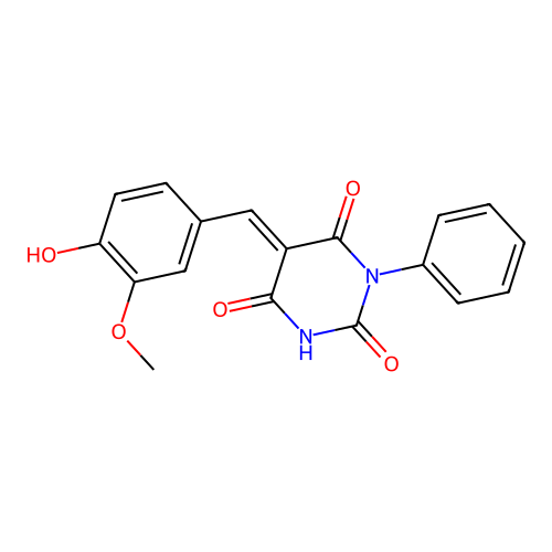 (E)-5-(4-hydroxy-3-methoxybenzylidene)-1-phenylpyrimidine-2,4,6(1H,3H,5H)-trione structure