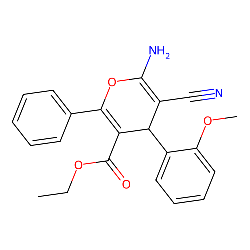 ethyl 6-amino-5-cyano-4-(2-methoxyphenyl)-2-phenyl-4H-pyran-3-carboxylate structure