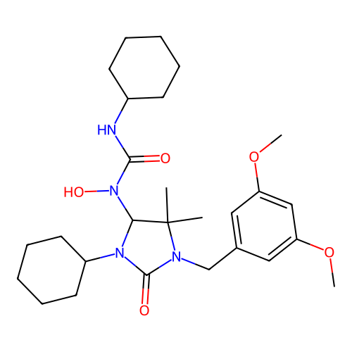 3-cyclohexyl-1-(3-cyclohexyl-1-(3,5-dimethoxybenzyl)-5,5-dimethyl-2-oxoimidazolidin-4-yl)-1-hydroxyurea structure