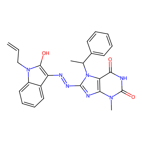 (E)-8-(2-(1-allyl-2-oxoindolin-3-ylidene)hydrazinyl)-3-methyl-7-(1-phenylethyl)-1H-purine-2,6(3H,7H)-dione structure