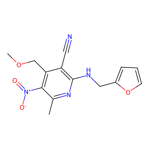 2-((Furan-2-ylmethyl)amino)-4-(methoxymethyl)-6-methyl-5-nitronicotinonitrile structure