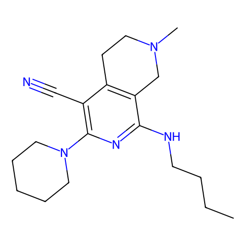 1-(butylamino)-7-methyl-3-(piperidin-1-yl)-5,6,7,8-tetrahydro-2,7-naphthyridine-4-carbonitrile structure