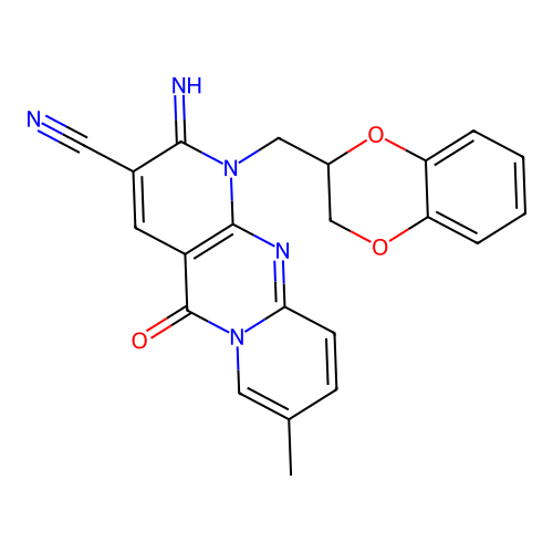 1-((2,3-dihydrobenzo[b][1,4]dioxin-2-yl)methyl)-2-imino-8-methyl-5-oxo-2,5-dihydro-1H-dipyrido[1,2-a:2',3'-d]pyrimidine-3-carbonitrile structure