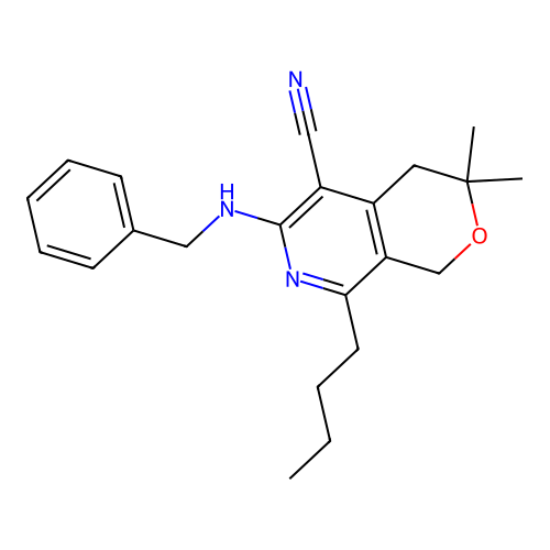 6-(benzylamino)-8-butyl-3,3-dimethyl-3,4-dihydro-1H-pyrano[3,4-c]pyridine-5-carbonitrile structure