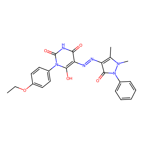 (E)-5-(2-(1,5-dimethyl-3-oxo-2-phenyl-2,3-dihydro-1H-pyrazol-4-yl)hydrazono)-1-(4-ethoxyphenyl)pyrimidine-2,4,6(1H,3H,5H)-trione structure